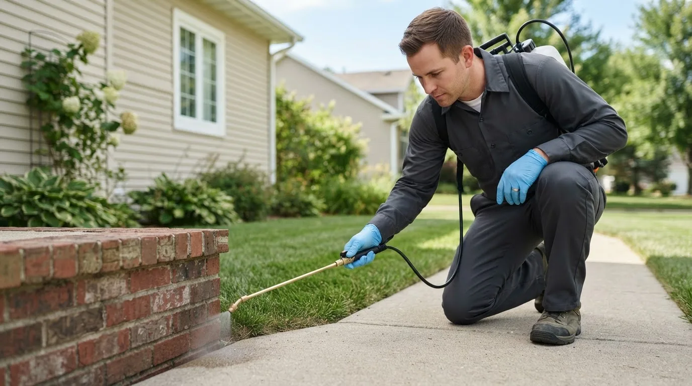 Pest control technician treating a home near Carmel, IN