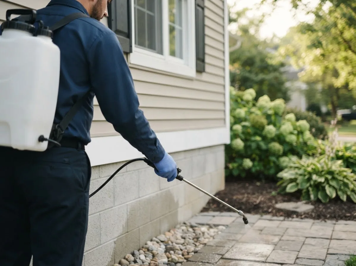 Pest control technician inspecting a home in Carmel, IN